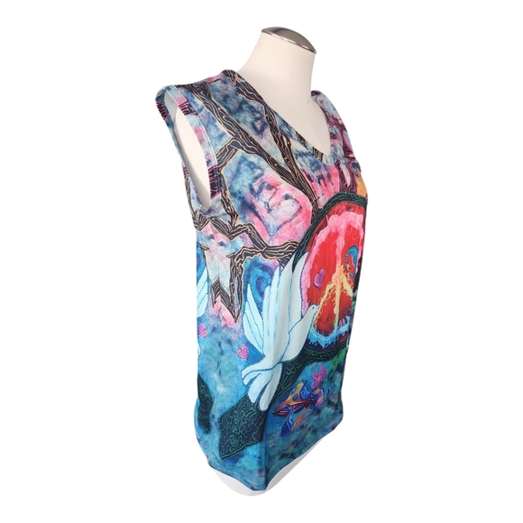 Psychedelic Peace Sign Art Tee | Vivid Graphic Cap Sleeve Top | Size L - Picture 3 of 10